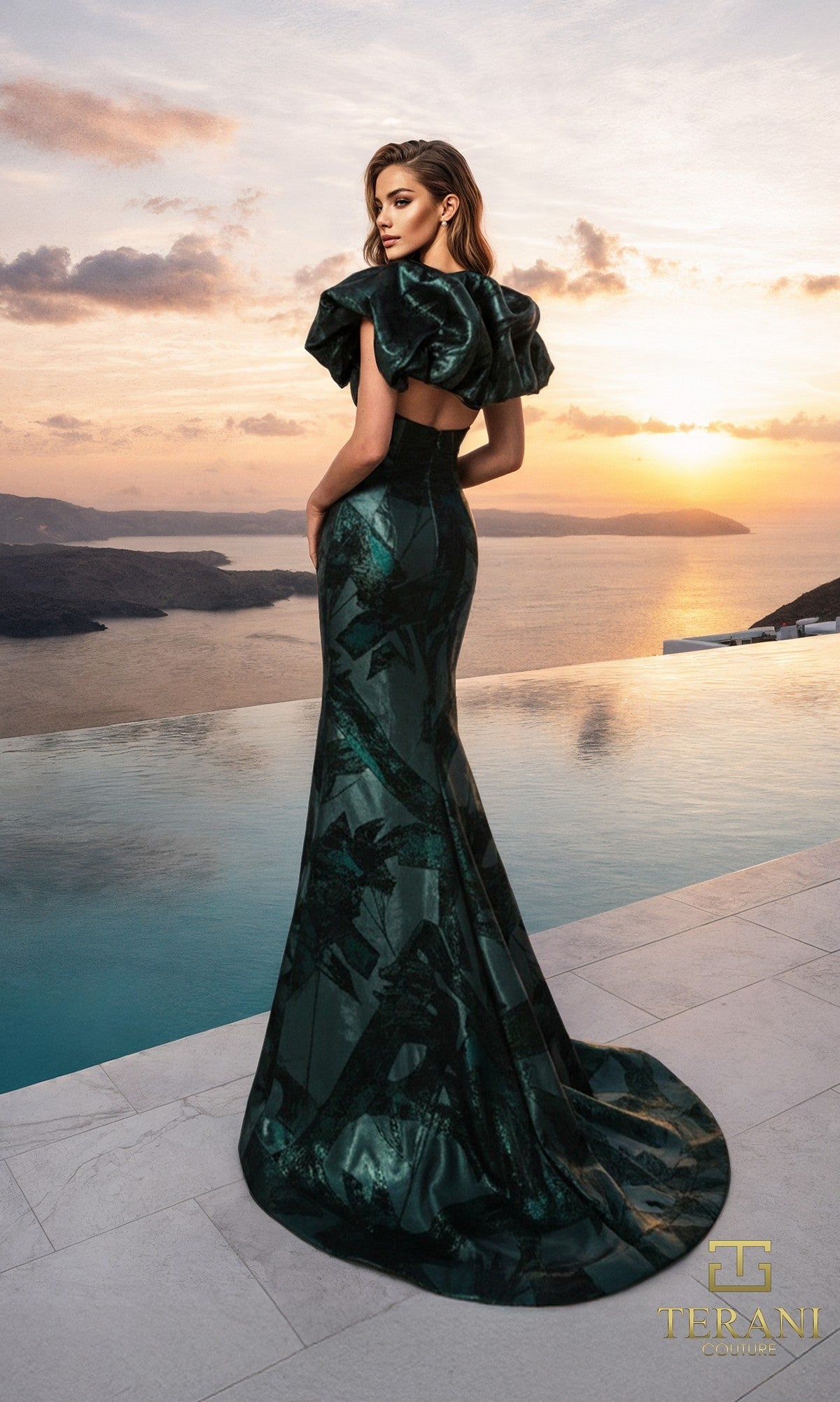 A woman in a sophisticated Terani 261E6268 long formal dress stands by an infinity pool at sunset, with scenic water and mountains in the background.
